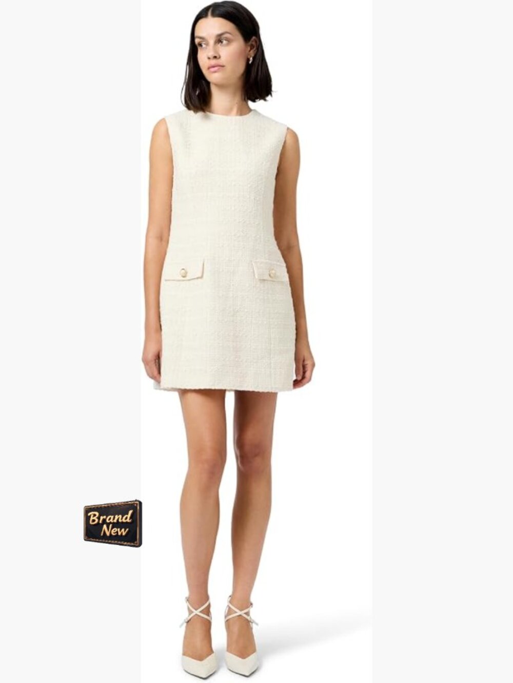 French Connection Tweed Mini Dress Womens Sleeveless Crew Neck Zipper Pockets